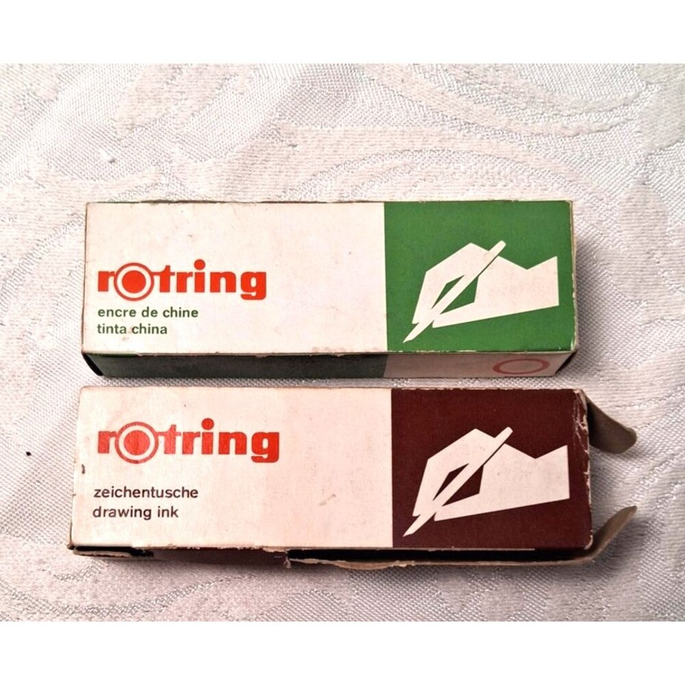 Vintage Rotring Drawing Ink Bottles Brown Green Set Of 2 Made In Germany Boxed